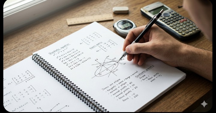 Student solving a complex math problem with diagrams
