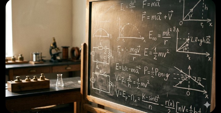 Physics Formulas and Diagrams on a Chalkboard